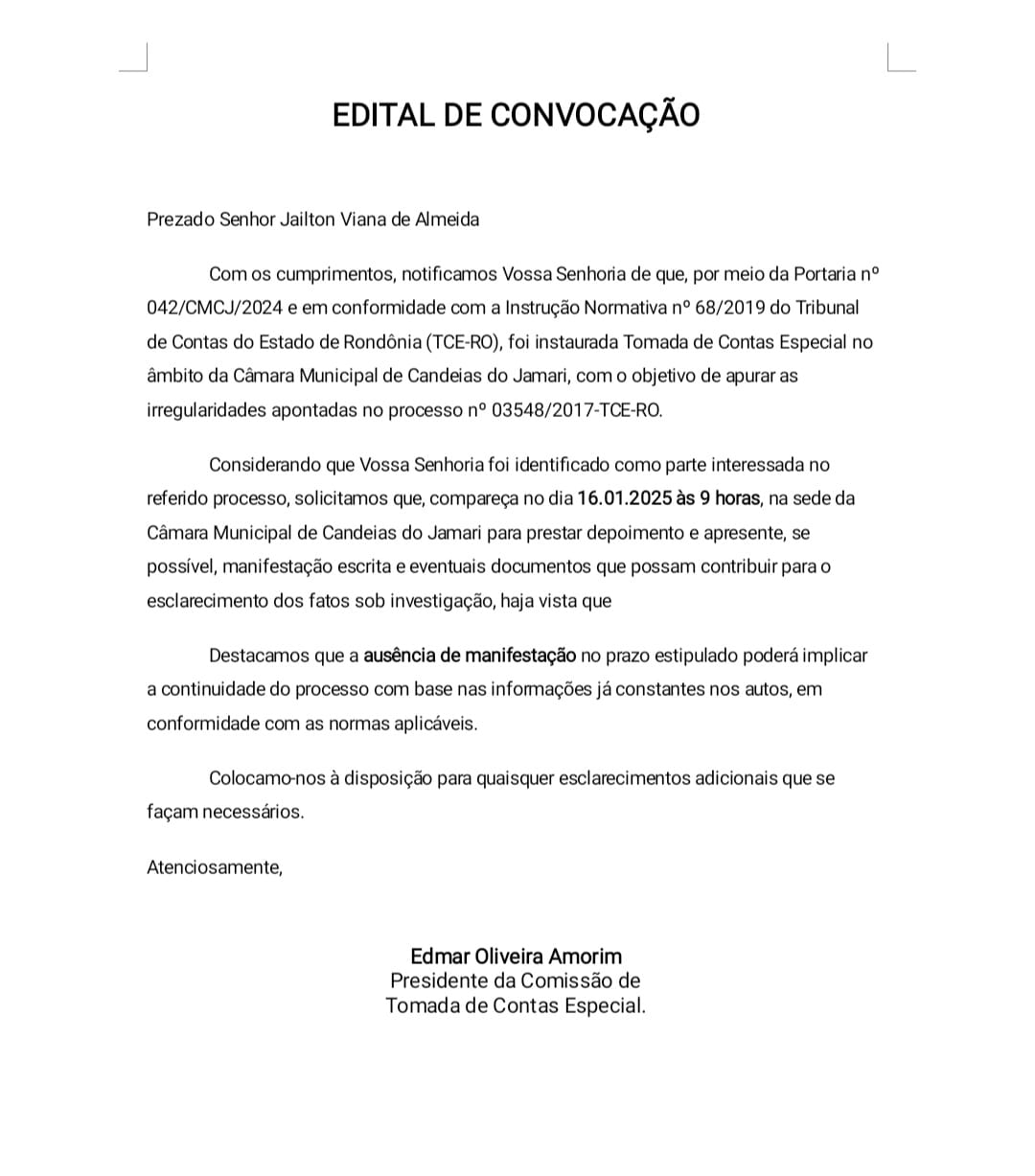 EDITAL DE CONVOCAÇÃO AO SENHOR Jailton Viana de Almeida