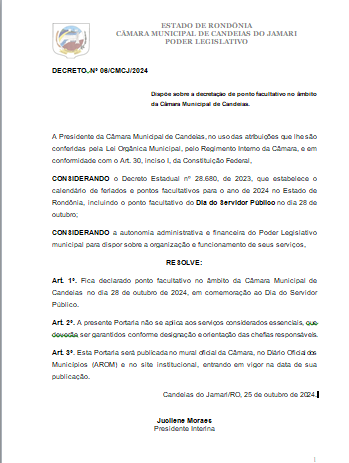 Fica declarado ponto facultativo no âmbito da Câmara Municipal de Candeias no dia 28 de outubro de 2024, em comemoração ao Dia do Servidor Público.